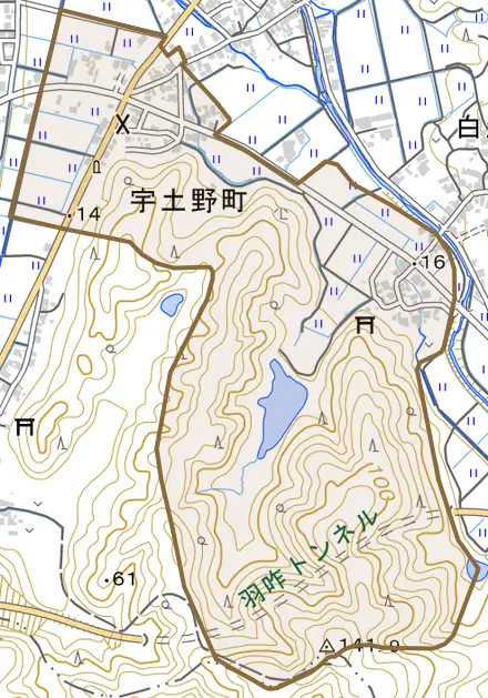 宇土野町とその周辺の地図。町の範囲を重ねている