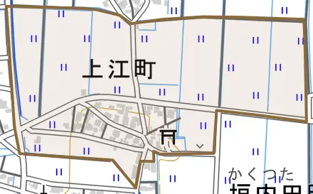 上江町とその周辺の地図。町の範囲を重ねている