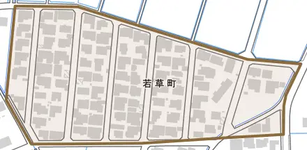 若草町とその周辺の地図。町の範囲を重ねている