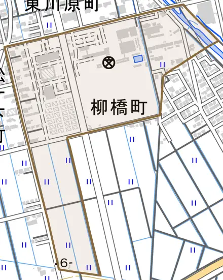 柳橋町とその周辺の地図。町の範囲を重ねている