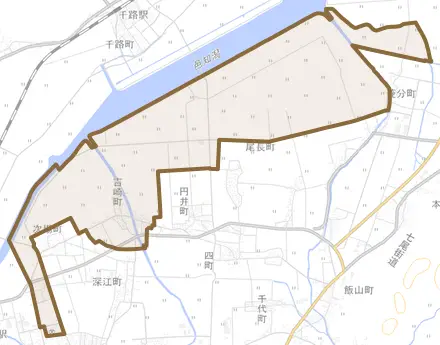 吉崎町とその周辺の地図。町の範囲を重ねている