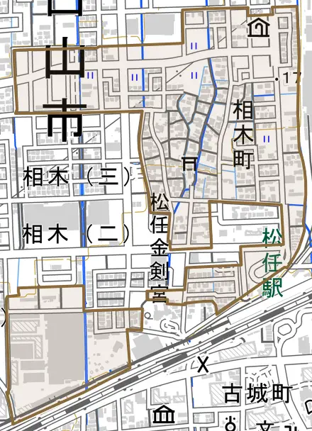 相木町とその周辺の地図。町の範囲を重ねている