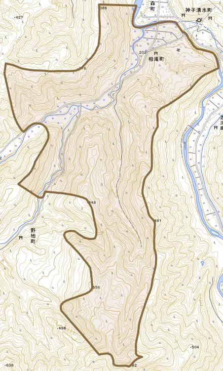 相滝町とその周辺の地図。町の範囲を重ねている
