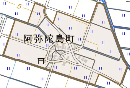 阿弥陀島町とその周辺の地図。町の範囲を重ねている