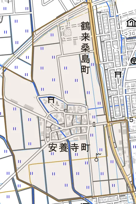 安養寺町とその周辺の地図。町の範囲を重ねている
