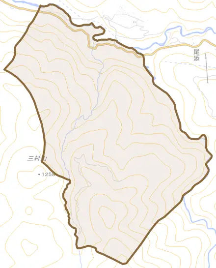 荒谷とその周辺の地図。町の範囲を重ねている