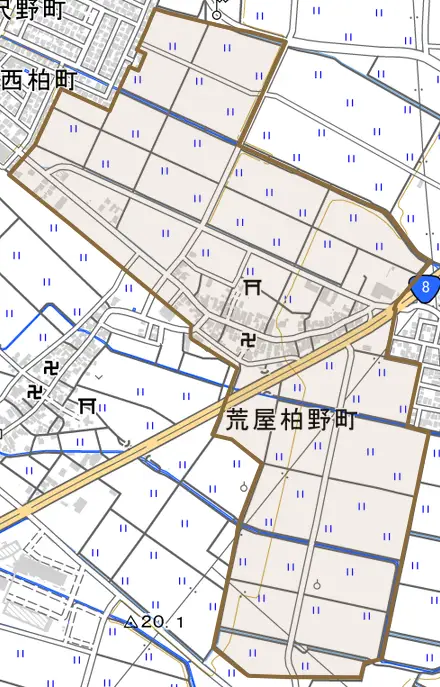 荒屋柏野町とその周辺の地図。町の範囲を重ねている