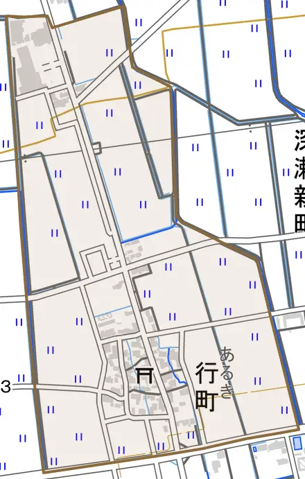 行町とその周辺の地図。町の範囲を重ねている