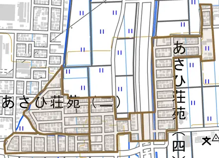あさひ荘苑とその周辺の地図。町の範囲を重ねている