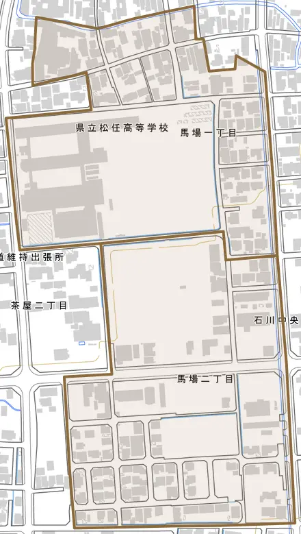 馬場とその周辺の地図。町の範囲を重ねている