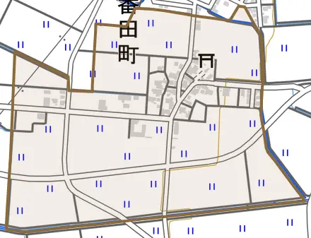 番田町とその周辺の地図。町の範囲を重ねている