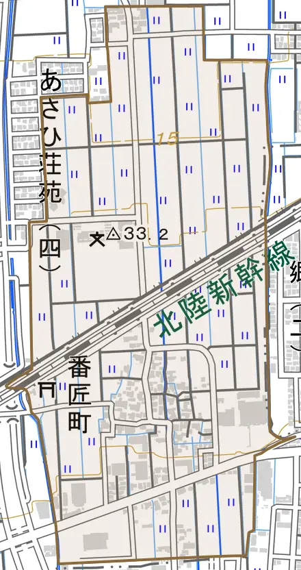 番匠町とその周辺の地図。町の範囲を重ねている