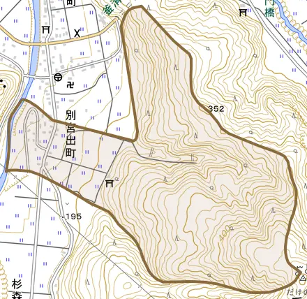 別宮出町とその周辺の地図。町の範囲を重ねている