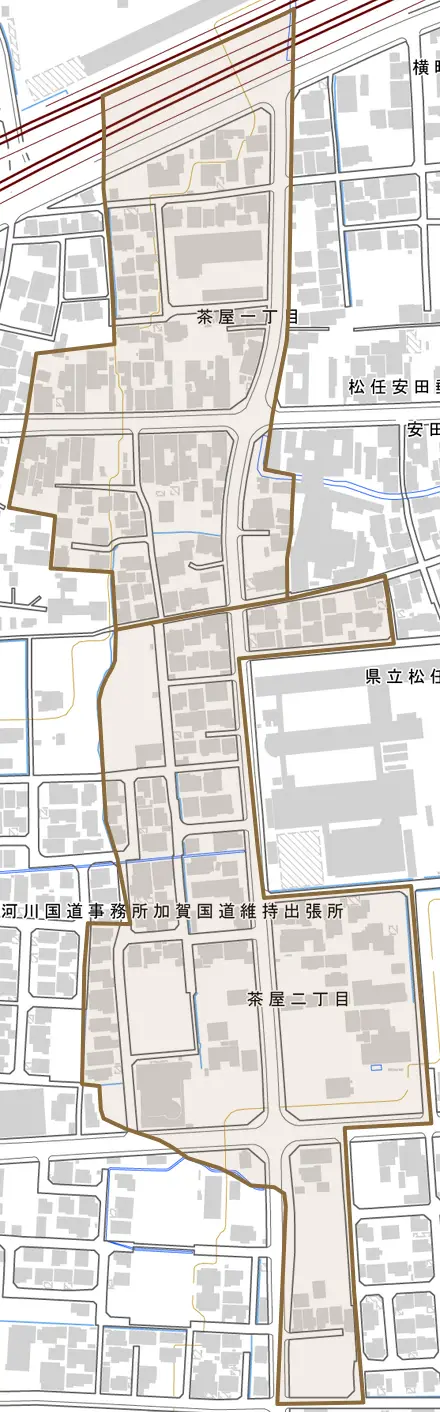 茶屋とその周辺の地図。町の範囲を重ねている