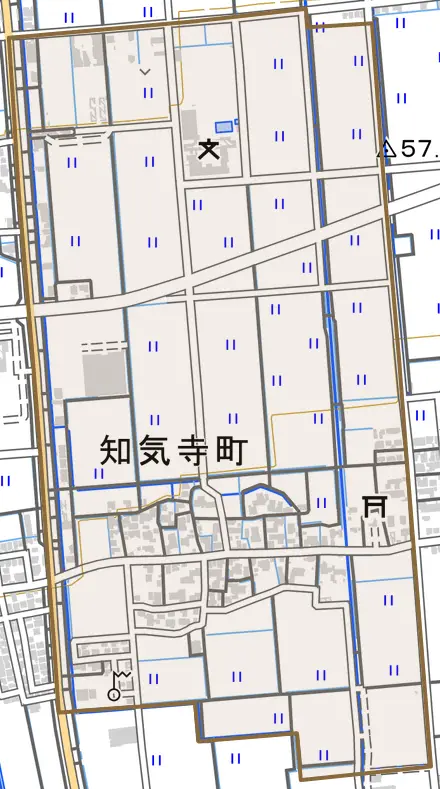 知気寺町とその周辺の地図。町の範囲を重ねている