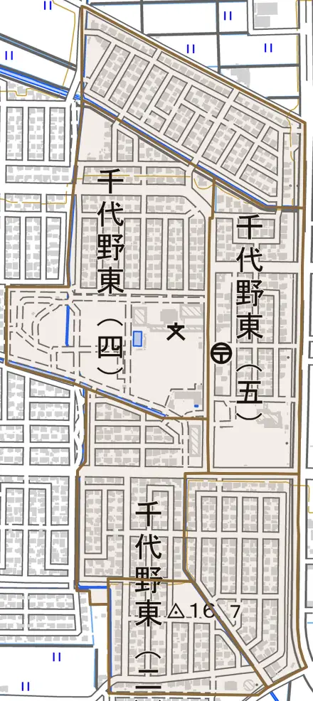千代野東とその周辺の地図。町の範囲を重ねている
