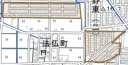 千代野南とその周辺の地図。町の範囲を重ねている