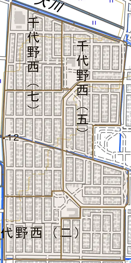 千代野西とその周辺の地図。町の範囲を重ねている