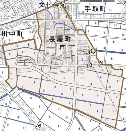 長屋町とその周辺の地図。町の範囲を重ねている