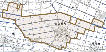 出合島町とその周辺の地図。町の範囲を重ねている