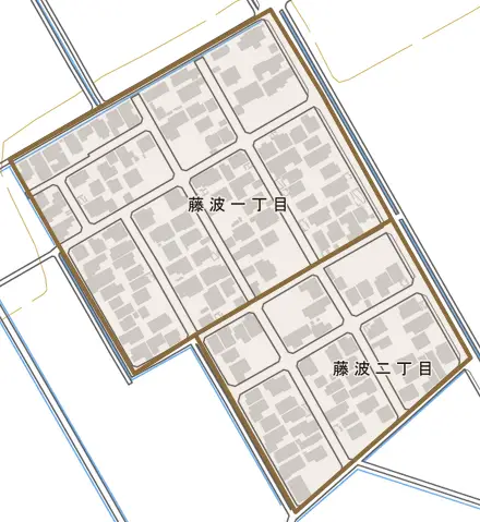 藤波とその周辺の地図。町の範囲を重ねている