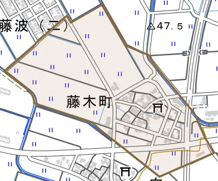 藤木町とその周辺の地図。町の範囲を重ねている
