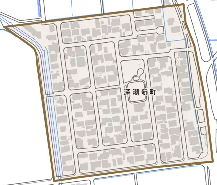 深瀬新町とその周辺の地図。町の範囲を重ねている