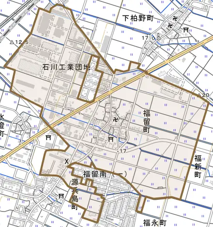 福留町とその周辺の地図。町の範囲を重ねている