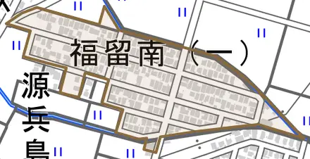 福留南とその周辺の地図。町の範囲を重ねている