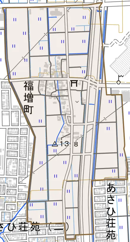 福増町とその周辺の地図。町の範囲を重ねている