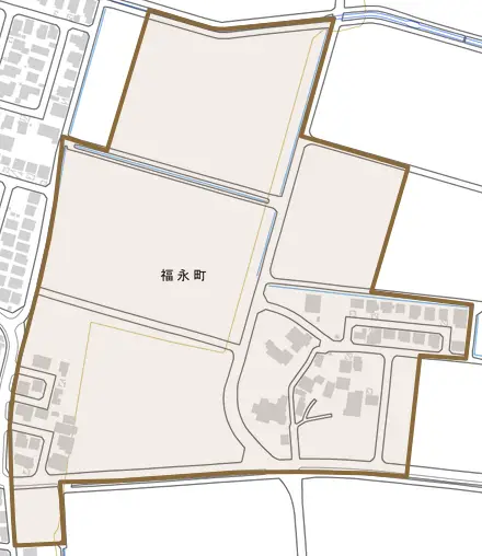 福永町とその周辺の地図。町の範囲を重ねている