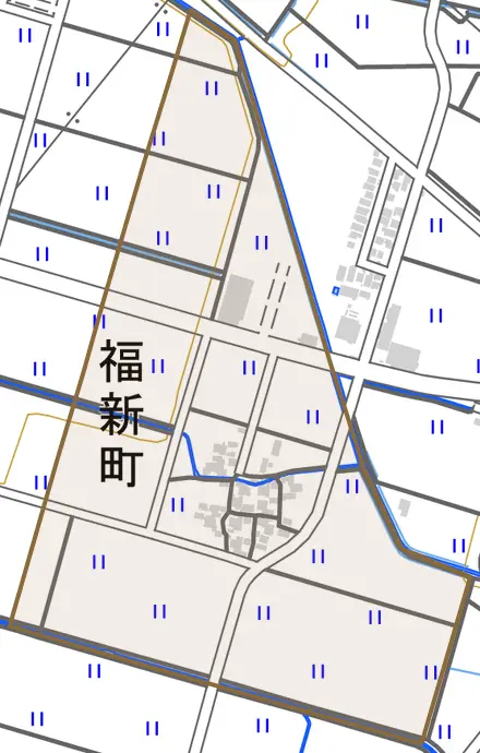 福新町とその周辺の地図。町の範囲を重ねている