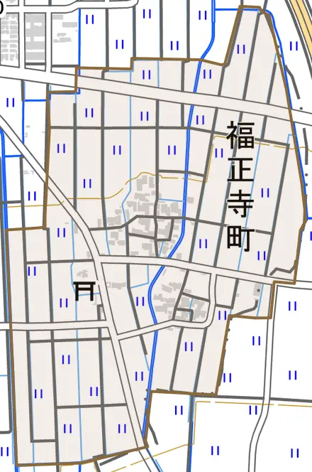 福正寺町とその周辺の地図。町の範囲を重ねている
