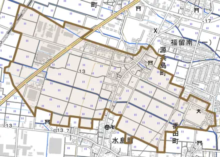 源兵島町とその周辺の地図。町の範囲を重ねている