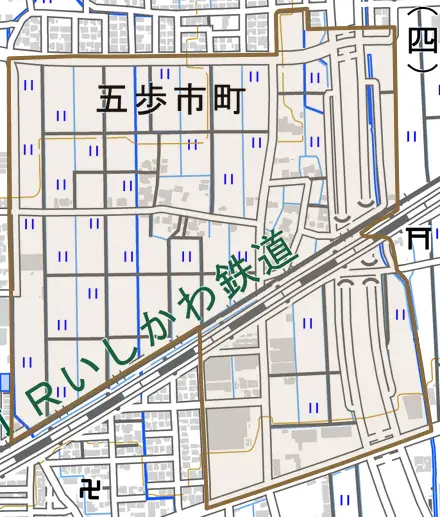 五歩市町とその周辺の地図。町の範囲を重ねている