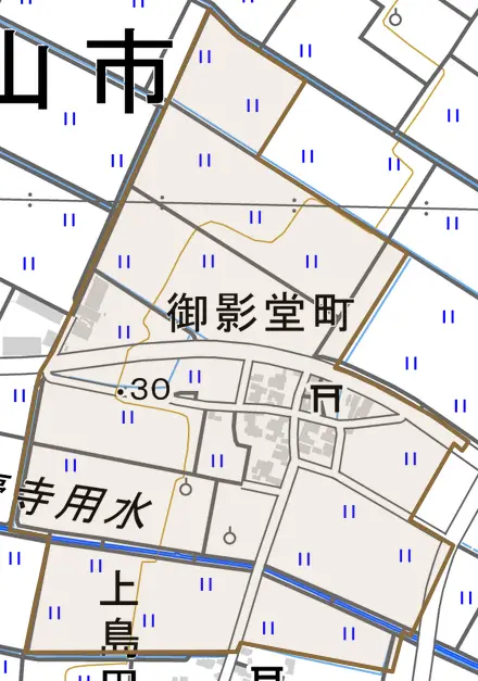 御影堂町とその周辺の地図。町の範囲を重ねている