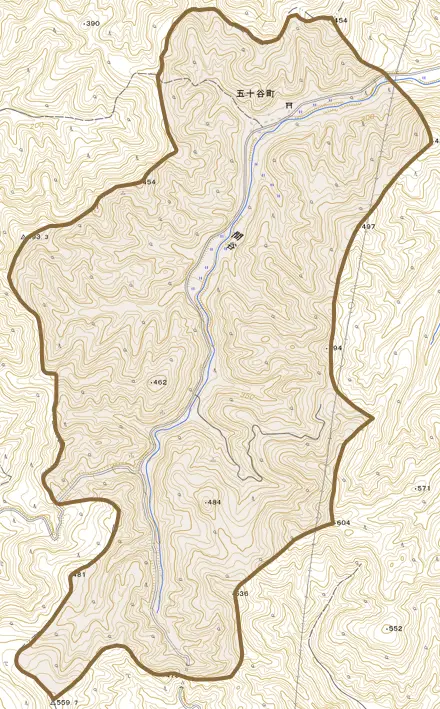五十谷町とその周辺の地図。町の範囲を重ねている