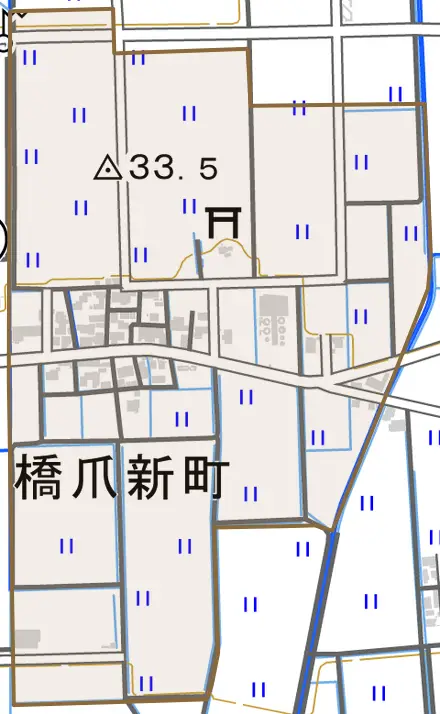 橋爪新町とその周辺の地図。町の範囲を重ねている