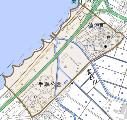 蓮池町とその周辺の地図。町の範囲を重ねている
