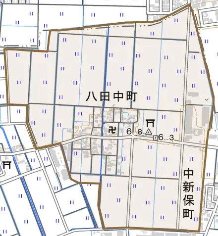 八田中町とその周辺の地図。町の範囲を重ねている