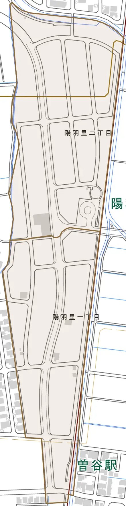 陽羽里とその周辺の地図。町の範囲を重ねている