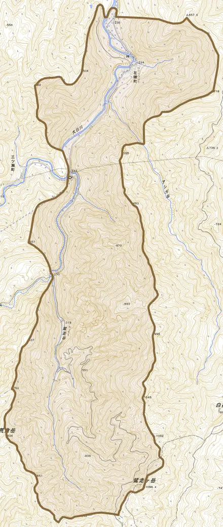 左礫町とその周辺の地図。町の範囲を重ねている