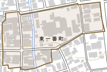 東一番町とその周辺の地図。町の範囲を重ねている