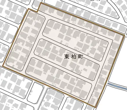 東柏町とその周辺の地図。町の範囲を重ねている