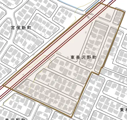 東美沢野町とその周辺の地図。町の範囲を重ねている