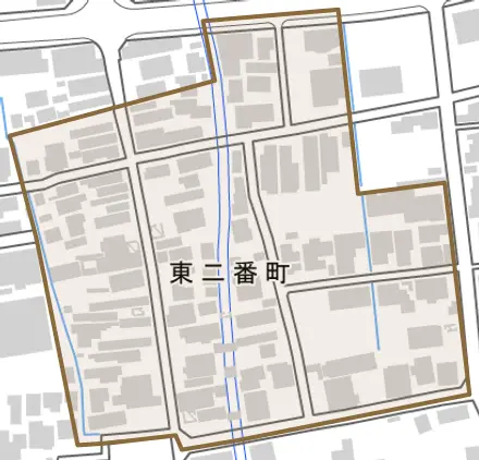 東二番町とその周辺の地図。町の範囲を重ねている