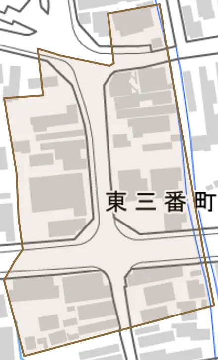 東三番町とその周辺の地図。町の範囲を重ねている