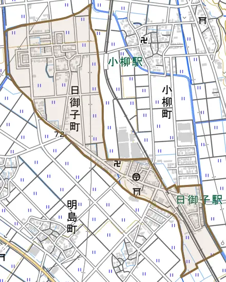 日御子町とその周辺の地図。町の範囲を重ねている