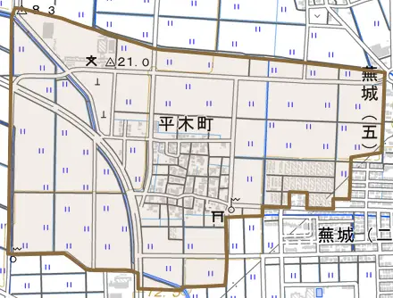 平木町とその周辺の地図。町の範囲を重ねている