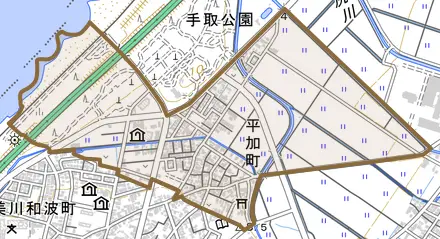 平加町とその周辺の地図。町の範囲を重ねている